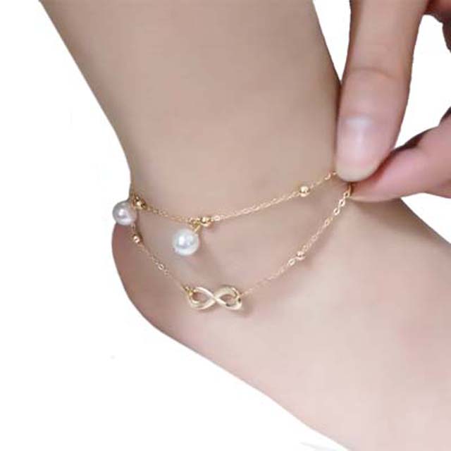 Distance simple 8-character double-layer Pearl Pendant Chain Korean Bracelet female student accessories Beaded foot jewelry A2