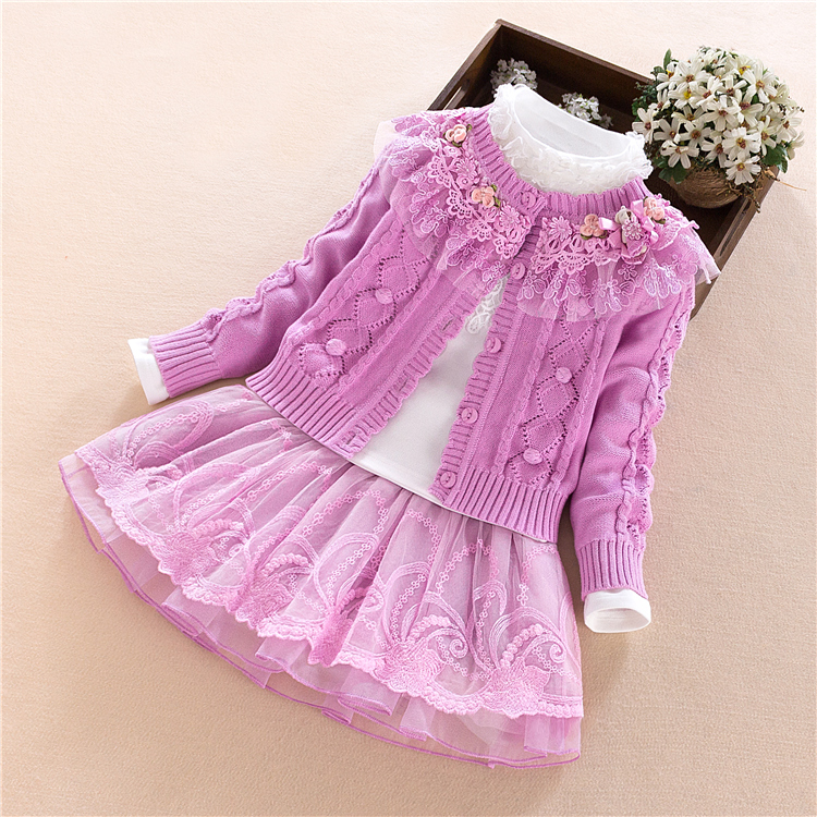 Girls' foreign style skirt suit children's clothing with cashmere in autumn and winter